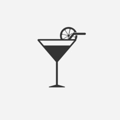 Black flat cocktail icon. Alcohol cocktail with orange and straw. Vector illustration. 