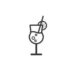 Black flat cocktail icon. Alcohol cocktail with orange and straw. Vector illustration. 