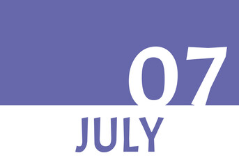 7 july calendar date with copy space. Very Peri background and white numbers. Trending color for 2022.