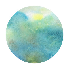 Watercolor background isolated circle on white background, paint stains on texture paper. Abstraction, planet painted in watercolor.
