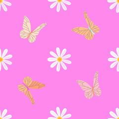 Fototapeta na wymiar Naive seamless vector pattern with daisies and butterflies on a pink background.