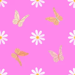 Raamstickers Vlinders Naïef naadloos vectorpatroon met madeliefjes en vlinders op een roze achtergrond.