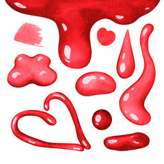 Drops of jam and streaks. Watercolor illustration. Isolated on a white background.