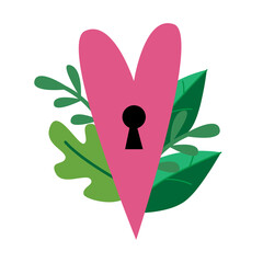 Heart with keyhole and leaves in flat style. Isolated vector.