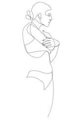 Woman stands dressed in panties and bra. Underwear one line art. Vector illustration.