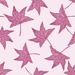 Engraved tree leaves seamless pattern. Vintage background botanical with foliage in hand drawn style.