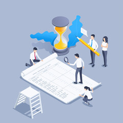 isometric vector illustration on a gray background, people in business clothes with a large sheet of paper, data analysis or financial report - obrazy, fototapety, plakaty
