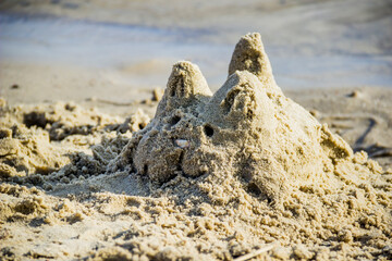 a handmade sand sculpture of a cat on the river beach