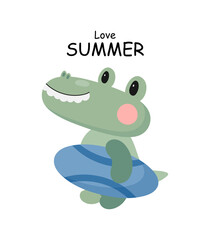 Obraz premium Crocodile with Surfboard. Cartoon style. Vector illustration. For card, posters, banners, children books, printing on the pack, printing on clothes, fabric, wallpaper, textile or dishes.