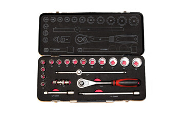 A set of wrenches, sockets, and holders for ratchet sockets and adapters.