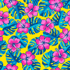 Colorful hibiscus flower with monstera leaf seamless pattern for summer holidays background.
