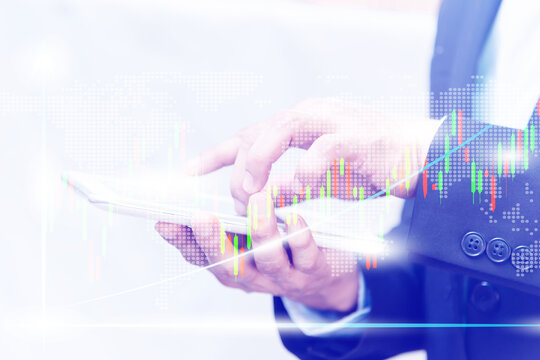 Businessman Holding A Phone.rendering Stock Market Online Business Concept. Business Graph.Stock Market Prices. Candle Stick Stock Market Tracking Graph. Economical Stock Market Graph.