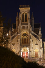 Night view of church Saint Eugenie in Biarritz, France