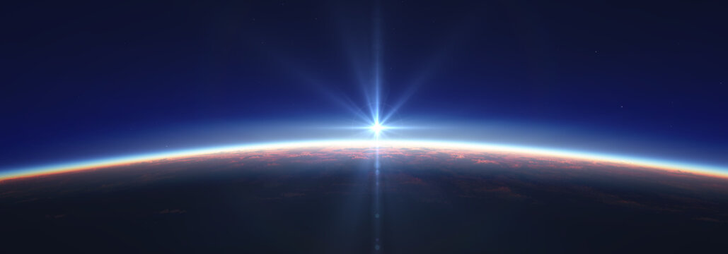 Earth sunrise from space over cloudy ocean. 3d rendering