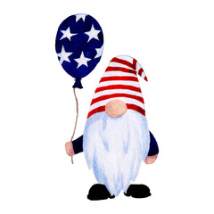 watercolor drawing for the holiday Independence Day of America, USA. cute leprechaun character in red and blue flag colors clothes july 4th holiday.
