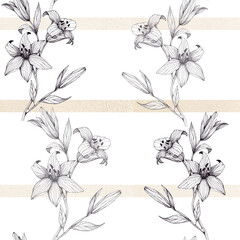 Seamless pattern of black and white lily flowers on a white background with golden stripes.