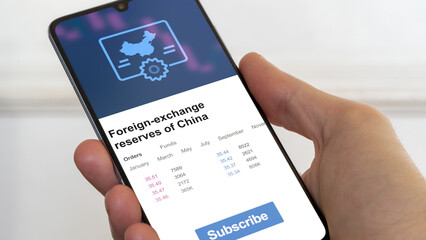 Foreign Chinese bonds market datas, reserves prices on smartphone. Business analysis of a trend. Invest in bonds. Buying strategic bonds notes Foreign China reserve