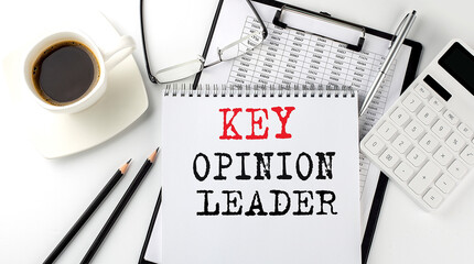 KEY OPINION LEADER text on the paper with calculator, notepad, coffee ,pen with graph