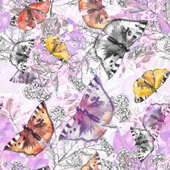 seamless watercolor background with butterflies.Floral pattern with a branch of permafrost, tansy, wild grass, immortelle. Watercolor paint splash . Multicolored butterfly urticaria, Aglais urticae.