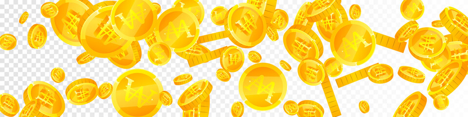Korean won coins falling. Bold scattered WON coins. Korea money. Rare jackpot, wealth or success concept. Vector illustration.