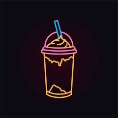 Cold ice tea neon icon. Drink cup with straw. Summer concept. Emblem for bar, shop and cafe.