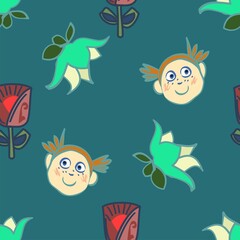 Cute faces and flowers in a cartoon style vector seamless repeat pattern