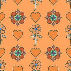 Cute shapes and hearts vector seamless repeat pattern in orange and green