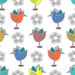Cute cartoon style birds in colorful shades vector seamless repeat pattern with grey daisy style flowers