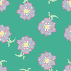 Cute 80s inspired floral vector seamless pattern in jade green, blue and bright pink