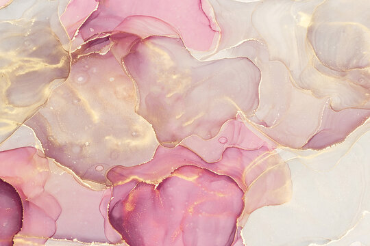 Abstract liquid ink painting background in pink colors with golden splashes.
