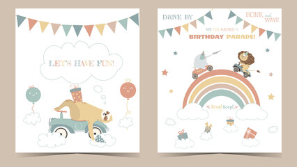 Drive-by birthday party invitation cards. Animals drive in cars through birthday parade invitation with cute elephant, zebra, sloth, balloons, presents, rainbow, and stars