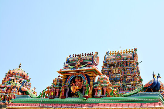 Beautiful view of colorful gopura in the Hindu Kapaleeshwarar Temple, Chennai, Tamil Nadu, South India