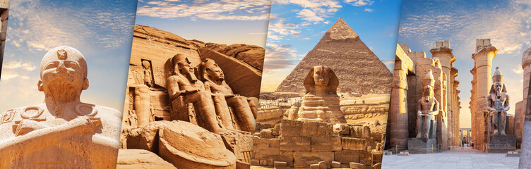 Karnak Temple, Abu Simbel Complex, the Sphinx and Pyramids, Luxor temple, beautiful collage of...