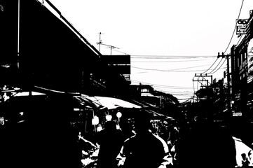 Landscape of commercial districts and markets of the city center in the provinces of Thailand black and white illustration.