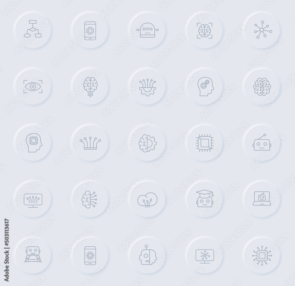 Poster artificial intelligence line gray icons on round rubber buttons. artificial intelligence icon set fo