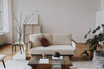 Aesthetic minimal home, living room interior design. Modern Nordic Scandinavian interior design concept. Mid-century modern furniture. Elegant cozy apartment for rent