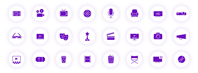 cinema purple color silhouette icons on light round buttons with purple shadow. cinema vector icon set for web, mobile apps, ui design and print