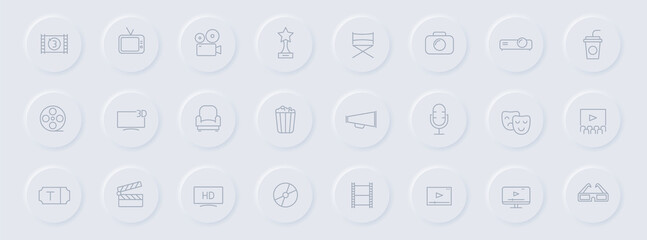 cinema line gray icons on round rubber buttons. cinema icon set for web, mobile apps, ui design and promo business polygraphy