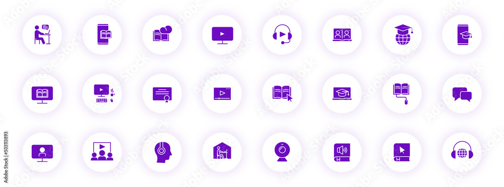 Poster e learning purple color silhouette icons on light round buttons with purple shadow. e learning vecto