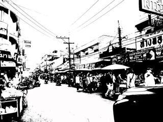 Landscape of commercial districts and markets of the city center in the provinces of Thailand black and white illustration.