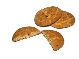 Oatmeal raisin cookies on a white background. Sweets. Broken tea biscuits.