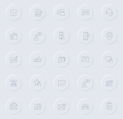 feedback line gray icons on round rubber buttons. feedback icon set for web, mobile apps, ui design and promo business polygraphy