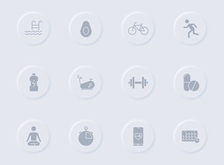 fitness gray glyph icons on round rubber buttons. fitness vector icons for web, mobile apps, ui design and promo business polygraphy