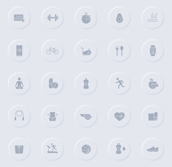 fitness gray glyph icons on round rubber buttons. fitness vector icons for web, mobile apps, ui design and promo business polygraphy