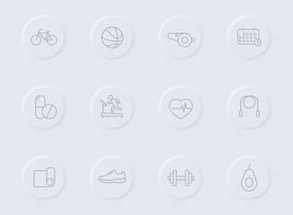 fitness line gray icons on round rubber buttons. fitness icon set for web, mobile apps, ui design and promo business polygraphy