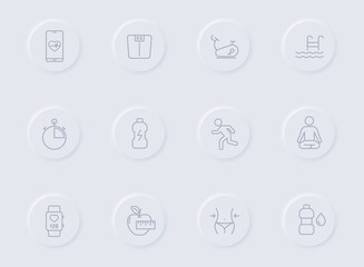 Fototapeta premium fitness line gray icons on round rubber buttons. fitness icon set for web, mobile apps, ui design and promo business polygraphy