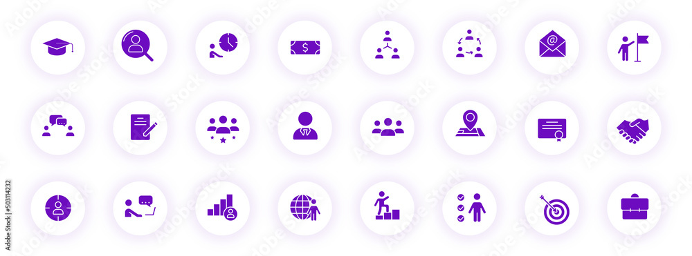 Poster headhunting purple color silhouette icons on light round buttons with purple shadow. headhunting vec