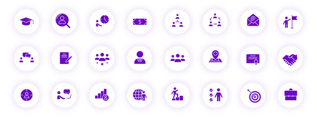 headhunting purple color silhouette icons on light round buttons with purple shadow. headhunting vector icon set for web, mobile apps, ui design and print