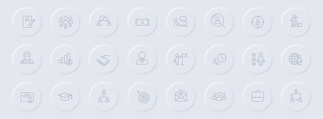 headhunting line gray icons on round rubber buttons. headhunting icon set for web, mobile apps, ui design and promo business polygraphy