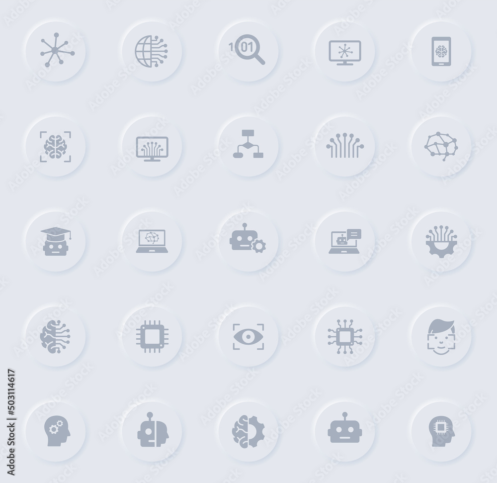 Poster neural network gray glyph icons on round rubber buttons. neural network vector icons for web, mobile